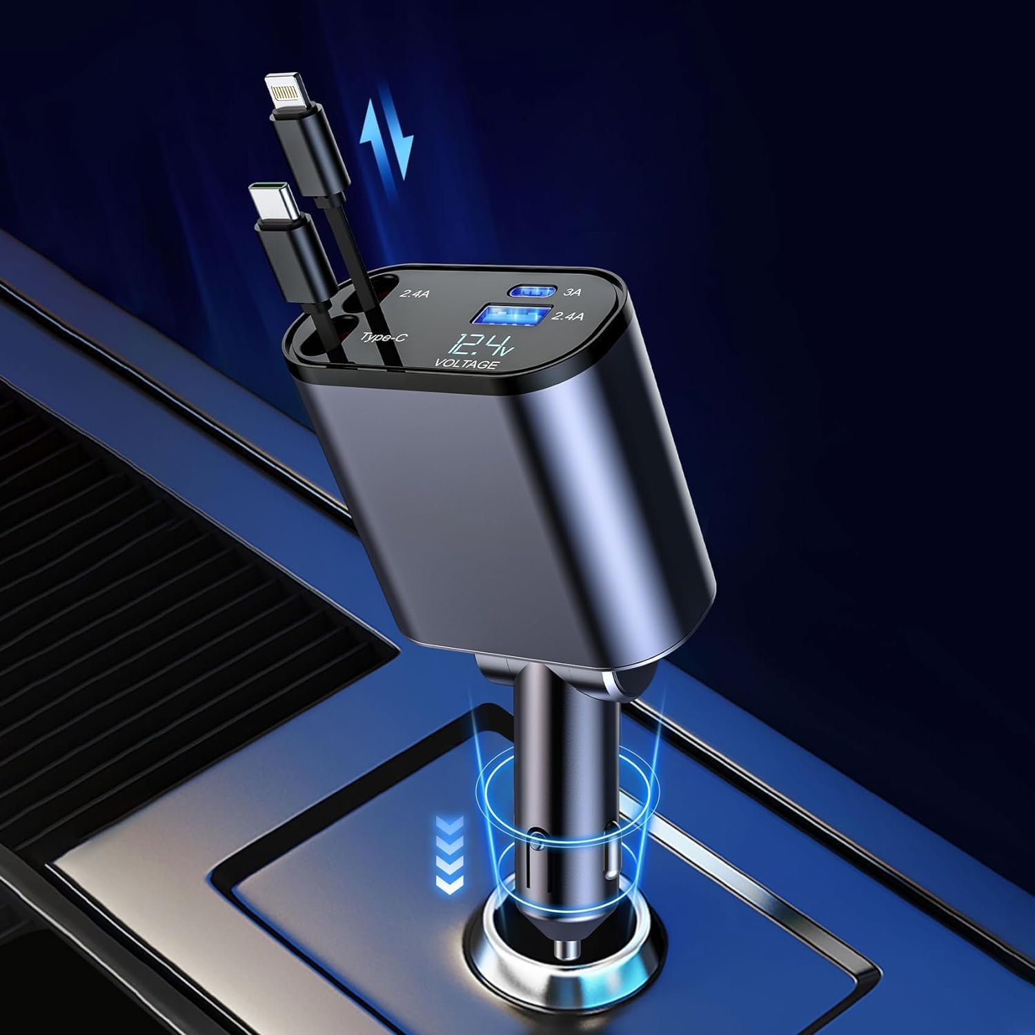 4-in-1 Retractable Car Charger | Fast Charging USB + Type-C for iPhone & Android – LED Voltage Display